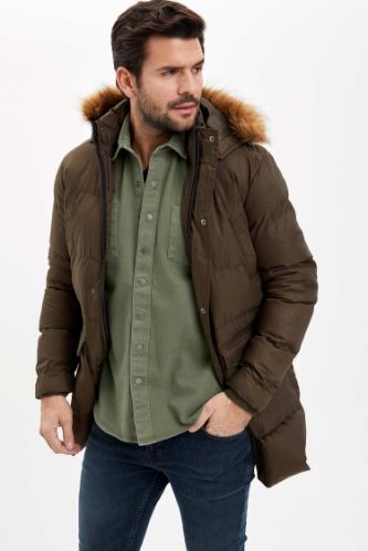 Peluş Kürklü Kapüşonlu Kalın Mont