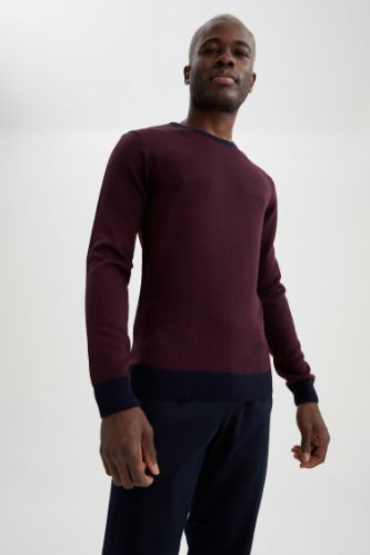 Slim Fit Bisiklet Yaka Yamalı Kol Detaylı Triko Kazak
