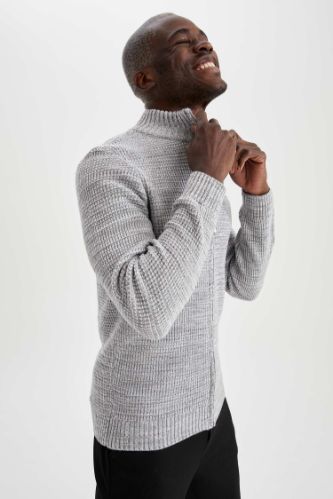 Slim Fit Yarım Balıkçı Yaka Fermuarlı Uzun Kollu Triko Hırka