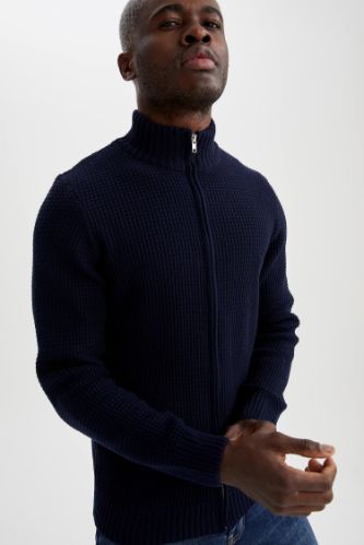 Slim Fit Yarım Balıkçı Yaka Fermuarlı Uzun Kollu Triko Hırka