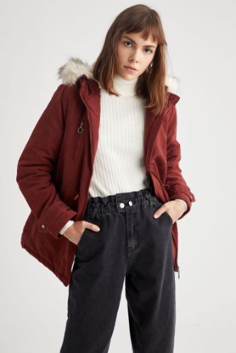 Suni Kürk Kapüşonlu Beli Büzgülü Relax Fit Parka