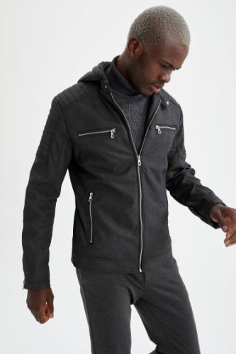 Slim Fit Kapüşonlu Suni Deri Mont