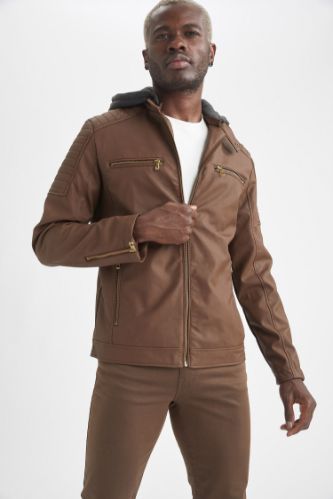 Slim Fit Kapüşonlu Suni Deri Mont