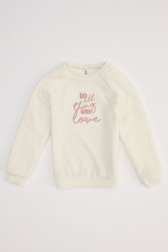 Kız Çocuk Yazı Baskılı Selanik Kumaş Sweatshirt