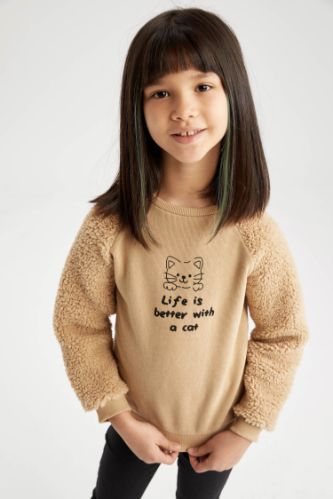 Kız Çocuk Yazı Baskılı Selanik Kumaş Sweatshirt