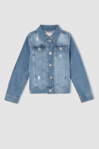 Kız Çocuk Regular Fit Yırtık Detaylı Jean Ceket