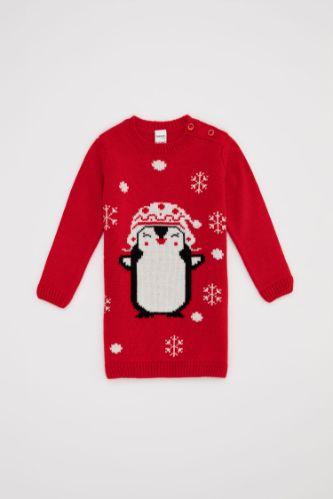 Kız Bebek Bisiklet Yaka Yılbaşı Temalı Penguen Figürlü Triko Elbise
