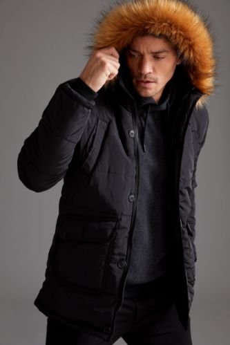 Slim Fit Peluş Kürklü Kapüşonlu Kalın Mont