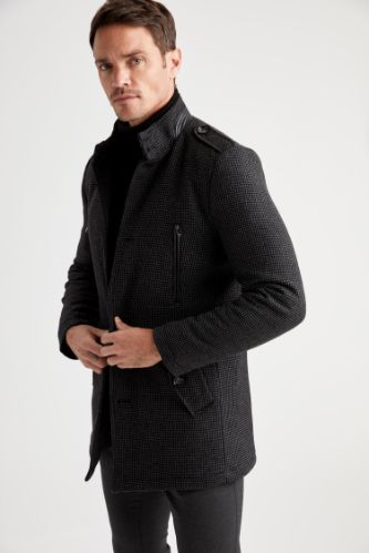 Slim Fit Desenli Kaşe Kaban