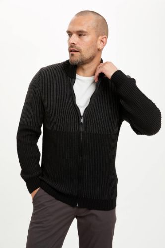 Slim Fit Yarım Balıkçı Yaka Fermuarlı Uzun Kollu Triko Hırka