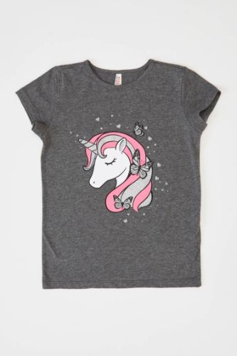 Kız Çocuk Unicorn Baskılı Kısa Kollu Tişört