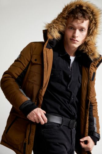 Slim Fit Peluş Kürklü Kapüşonlu Kalın Mont