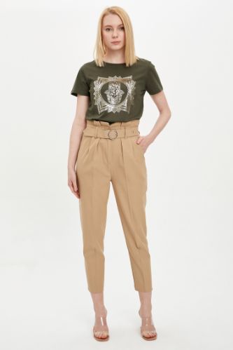 Baggy Fit Yüksek Bel Dokuma Pantolon