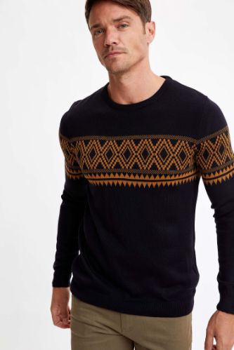 Slim Fit Bisiklet Yaka Desenli Triko Kazak