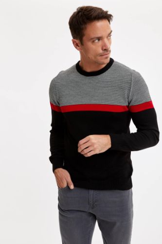Blok Desenli Slim Fit Bisiklet Yaka Triko Kazak