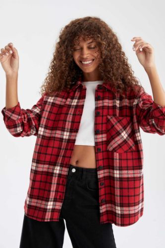 Retro Ekoseli Relax Fit Cep Detaylı Flanel Oduncu Gömlek
