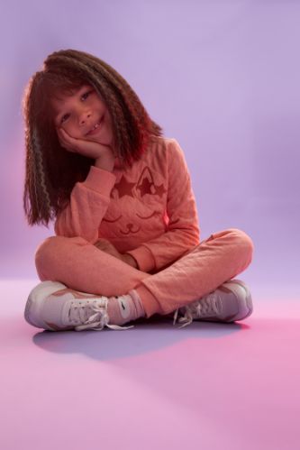 Kız Çocuk Bisiklet Yaka Kedi Baskılı Kapitoneli Isı Yalıtımlı Warmtech Sweatshirt