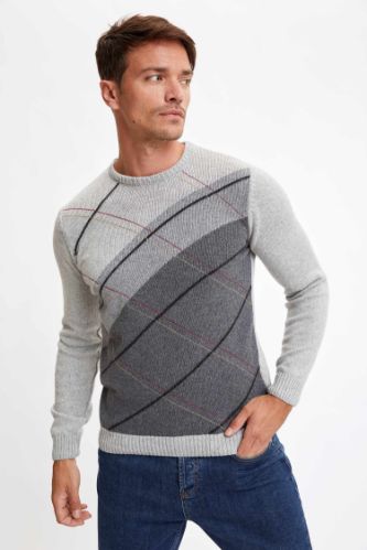 Desenli Slim Fit Bisiklet Yaka Triko Kazak