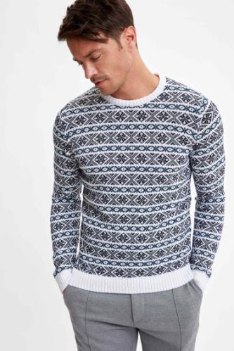 Çizgili Slim Fit Bisiklet Yaka Triko Kazak