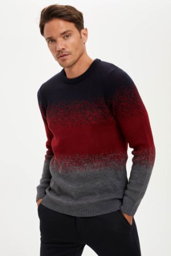 Desenli Slim Fit Bisiklet Yaka Triko Kazak