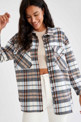 Retro Ekoseli Relax Fit Cep Detaylı Flanel Oduncu Gömlek Tunik