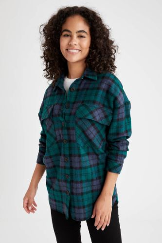 Retro Ekoseli Relax Fit Cep Detaylı Flanel Oduncu Gömlek Tunik