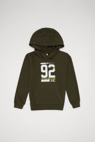 Erkek Çocuk Slogan Desenli Kapüşonlu Kanguru Cepli Sweatshirt