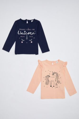 Kız Bebek Unicorn Baskılı Kol 2'li Tişört