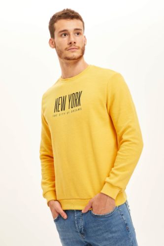 New York Baskılı Bisiklet Yaka Slim Fit Sweatshirt