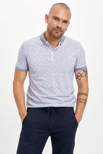 Slim Fit Polo Yaka Desenli Cepsiz Kısa Kollu Polo Tişört