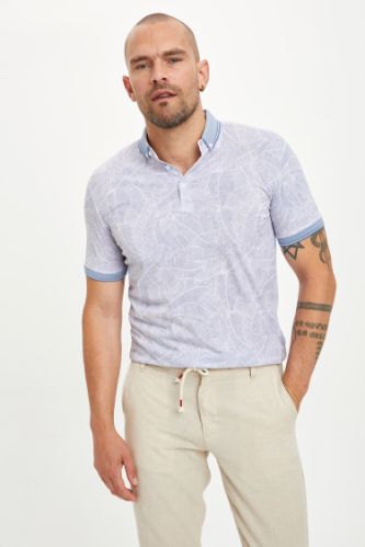 Yaprak Baskılı Polo Yaka Slim Fit Tişört