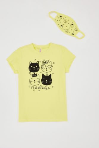 Kız Çocuk Lovely Cats Baskılı Tişört ve Maske Takım