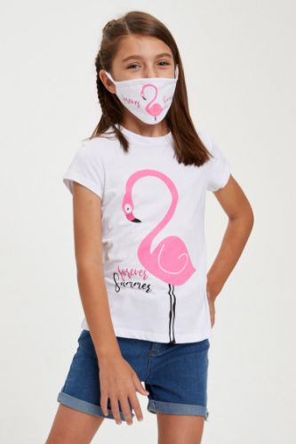 Kız Çocuk Flamingo Baskılı Tişört ve Maske Takım