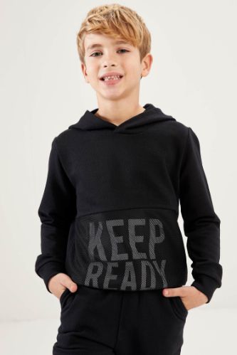 Erkek Çocuk Slogan Desenli Kapüşonlu Kanguru Cepli Sweatshirt