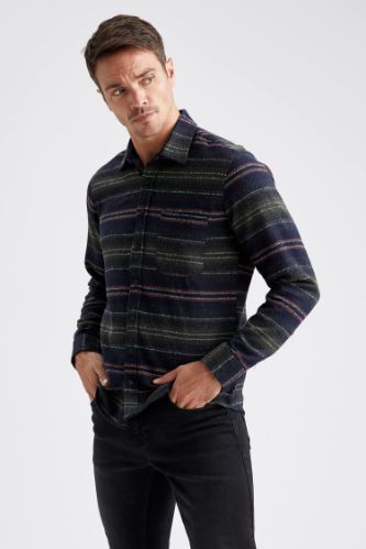 Modern Fit Çizgili Uzun Kollu Oduncu Gömlek Ceket