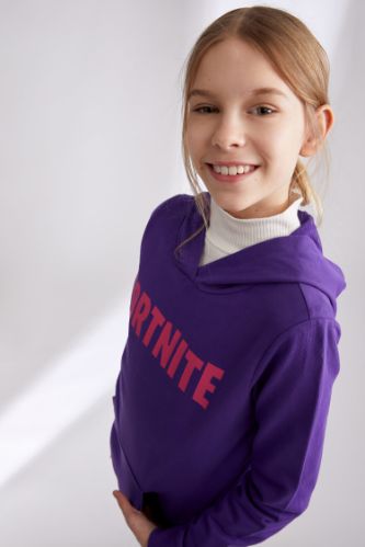 Kız Çocuk Fortnite Lisanslı Regular Fit Kapüşonlu Kanguru Cepli Sweatshirt
