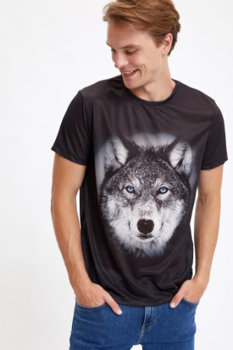 Slim Fit Bisiklet Yaka Hayvan Desenli Kısa Kollu Tişört