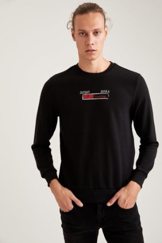 Yılbaşı Baskılı Bisiklet Yaka Slim Fit Sweatshirt