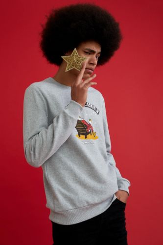 Baskılı Bisiklet Yaka Slim Fit Sweatshirt ve Maske