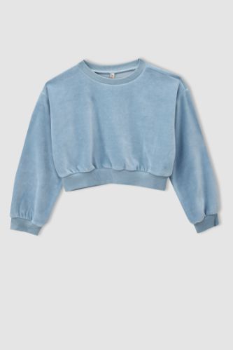 Kız Çocuk Relax Fit Crop Kadife Sweatshirt