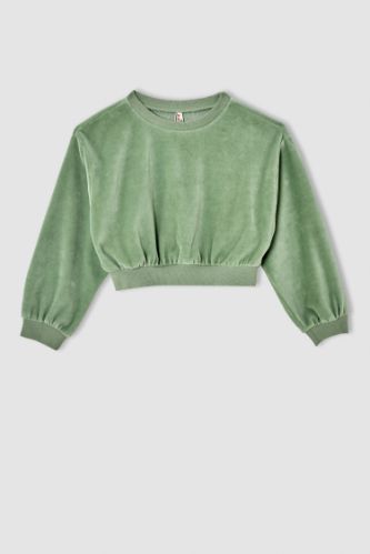 Kız Çocuk Relax Fit Crop Kadife Sweatshirt
