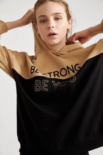 Yazı Baskılı Kapüşonlu Relax Fit Sweatshirt