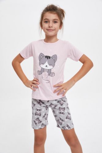 Kız Çocuk Kedi Baskılı Kısa Kollu Pijama Takımı