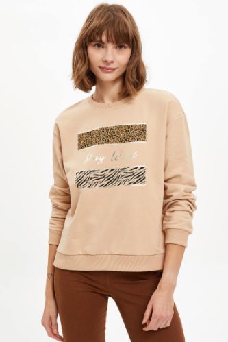 Hayvan Desenli Regular Fit Bisiklet Yaka Uzun Kollu Sweatshirt