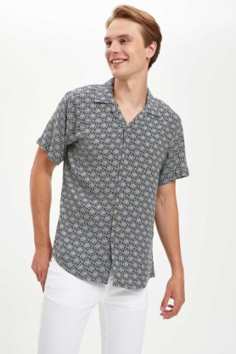Slim Fit Viskon Desenli Kısa Kollu Gömlek