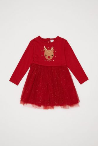 Kız Bebek Regular Fit Bisiklet Yaka Yılbaşı Temalı Geyik Baskılı Uzun Kollu Elbise