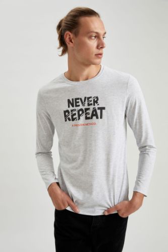 Baskılı Uzun Kollu Bisiklet Yaka Slim Fit Tişört