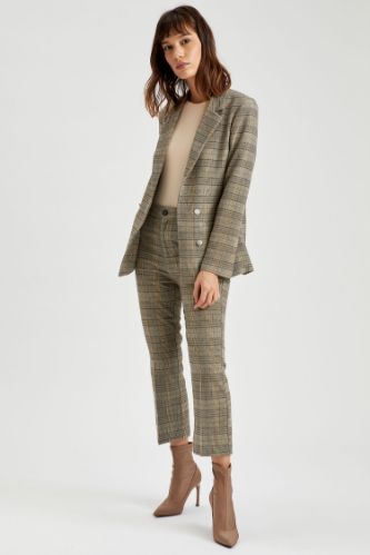 Ekose Yüksek Belli Dokuma Crop Pantolon