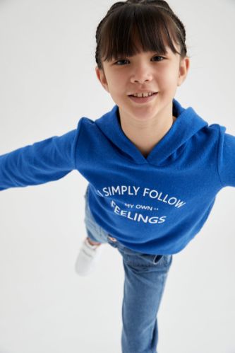 Kız Çocuk Yazı Baskılı Kapüşonlu Selanik Kumaş Sweatshirt