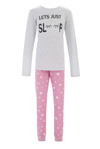 Kız Çocuk Slogan Baskılı Pamuklu Uzun Kollu Pijama Takım